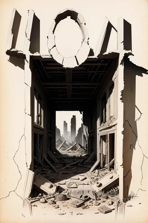 404, Post apocalyptic wasteland, ruined buildings, illustration by Roy Krenkel <lora:rgk:1.0>