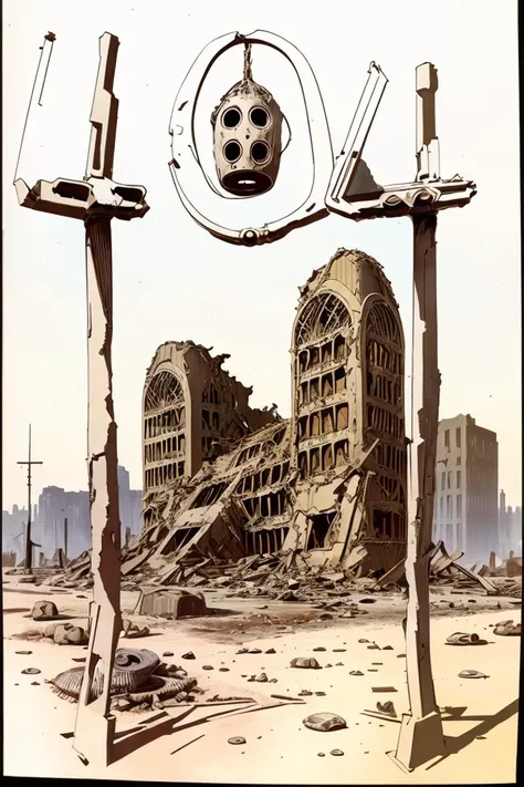 404, post-apocalyptic, wasteland, ruined buildings, illustration by Roy Krenkel, colorized, <lora:rgk:1>