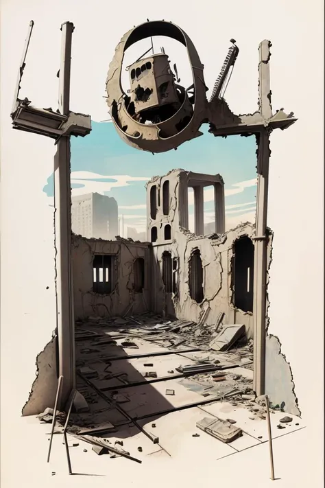 404, post-apocalyptic wasteland, ruined buildings, colorized, illustration by Roy G Krenkel <lora:rgk:1>