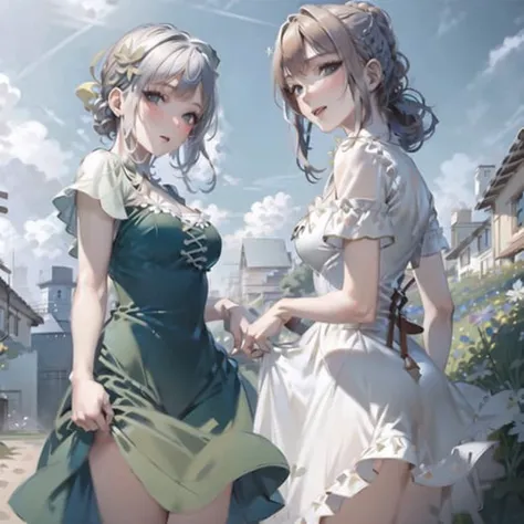 two anime girls in dresses standing next to each other