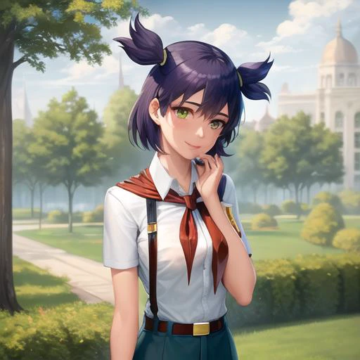 (un:1.0), 1girl, solo, tree, outdoors, green eyes, shirt, skirt, looking at viewer, day, purple hair, white shirt, short sleeves, breasts, neckerchief, smile, short hair, blush, hand up, belt, bangs, closed mouth, pleated skirt, sky, blue skirt, fence, sch...