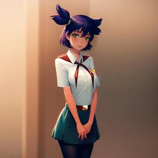 (un:1.3), 1girl, simple background, green eyes, shirt, skirt, looking at viewer, day, purple hair, white shirt, short sleeves, breasts, short hair, blush, belt, bangs, pleated skirt,  blue skirt, school uniform, collared shirt, hair between eyes, shirt tuc...