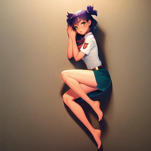 (un:1.3), 1girl, simple background, green eyes, shirt, skirt, looking at viewer,  purple hair, white shirt, short sleeves, breasts, short hair, blush, belt, bangs, pleated skirt,  blue skirt, school uniform, collared shirt, hair between eyes, shirt tucked ...