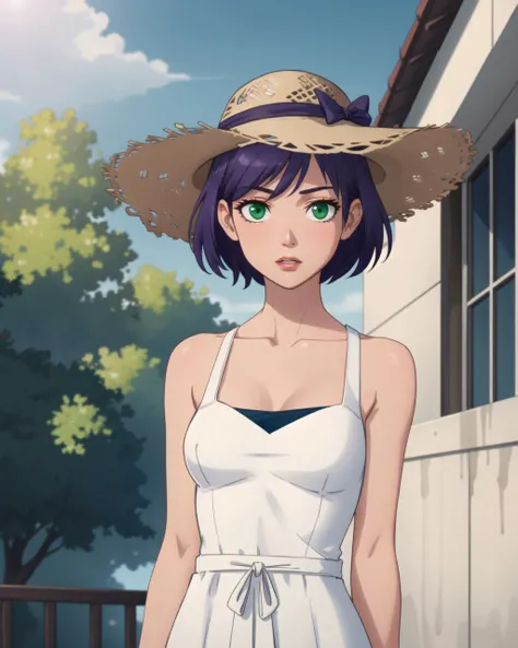 masterpiece, best quality, green eyes, deiailed eyes, purple hair, short hair, small breasts, summer white dress, wide summer hat, outdoors, <lora:V5FullClose1Art1:0.8>