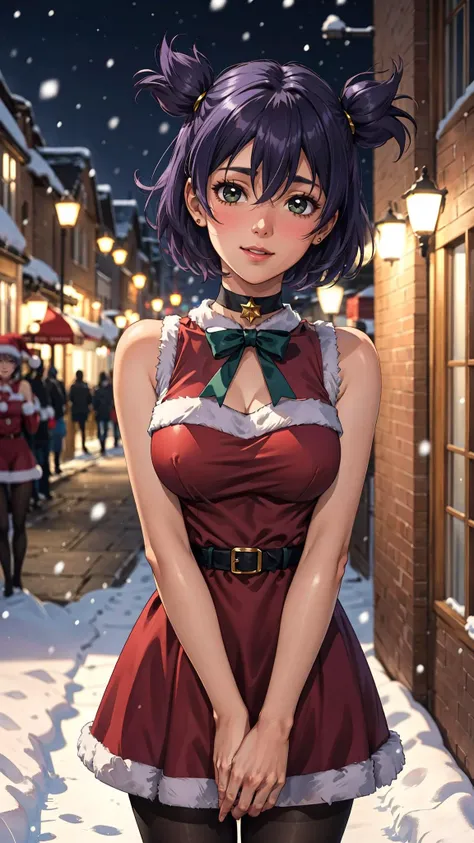 masterpiece, best quality, <lora:V5FullClose1Art1:0.7>, un, purple hair, short twintails, short hair, green eyes, large breasts, 1girl, solo, hair between eyes, ((red santa dress, sleeveless, black pantyhose)), red choker, warm light, rtx, hdr, pink lips, ...