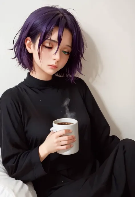 a woman with purple hair sitting on a bed holding a cup of coffee