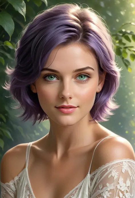 a woman with purple hair and green eyes posing for a picture