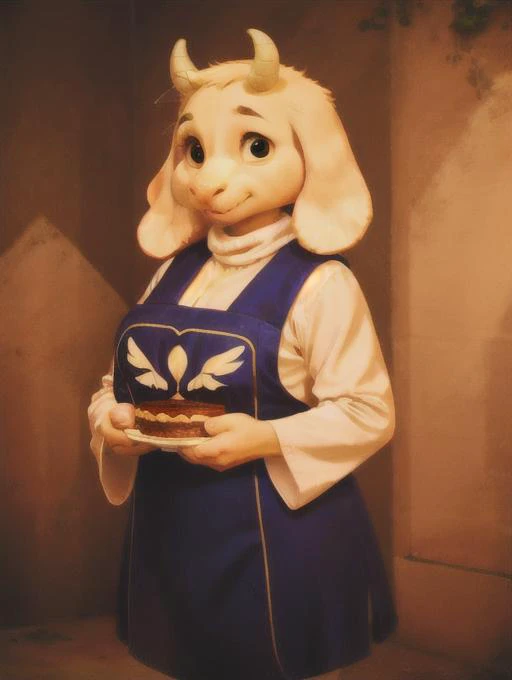 <lora:alkemanubisStyle_alkemanubisV1:.75> alkemanubis, <lora:torielUndertale_v1:1> toriel, tabard,  <lora:nonHumansConcept_v1:.83> goat  woman, horns , furry  holding a pie