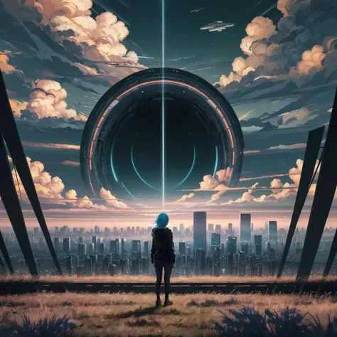 masterpiece, best quality, high quality,extremely detailed CG unity 8k wallpaper, "A 25 year old woman with a black hoodie and blue hair standing in a grassy field with a massive futuristic city with tall buildings in the distance, it is full of flying veh...