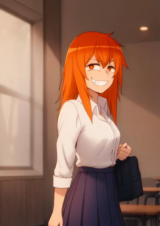 (masterpiece, best quality:1.2), extremely detailed, soft ambient lighting, sharp focus, 4K, BREAK <lora:Gamo Chan:1>, 1girl, solo, school uniform, long orange hair, orange eyes, evil grin,