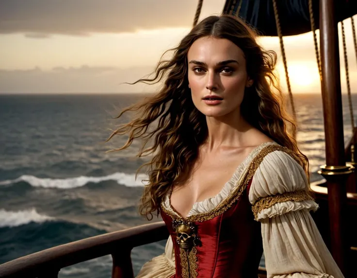 cinematic film still beautiful gorgeous Keira Knightley, long hair, red and gold pirate gown, standing on the deck of the Black Pearl pirate ship, looking out at the waves, sunset on the horizon, light bloom, godrays,, shallow depth of field, vignette, hig...