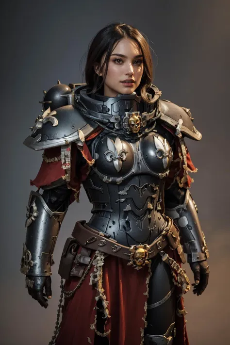 a woman in armor poses for a photo in a studio