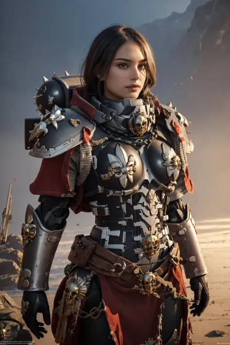 a woman in armor standing on a beach with a mountain in the background