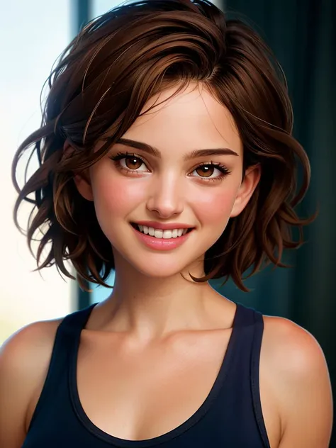 Realistic photo of a beautiful n4t4l13p-v2 woman,  1girl, solo, looking at viewer, smile, short hair, brown hair, brown eyes, teeth, grin, lips, looking to the side, tank top, portrait, realistic, soft lighting, professional Photography, Photorealistic, de...