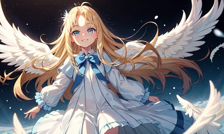 best quality, one girl, young, blonde hair, flat chest, (blue eyes:1.3), top of head cowlick , long hair, (white angel wings:1.3), smile, (blue dress), short dress, forehead, pleated dress, long sleeves, standing, child, 1 snow falling,  <lora:add_detail:0...