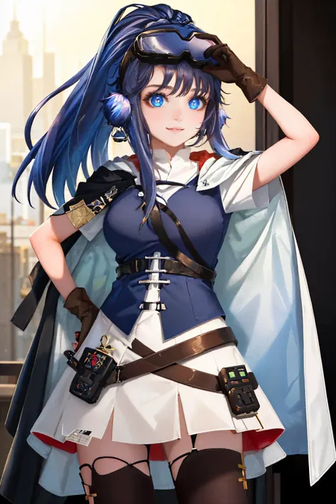 (masterpiece, best quality:1.2), cowboy shot, solo, 1girl, astgenne, smile, looking at viewer, hand on hip, ponytail, goggles on head, diamond-shaped pupils, blue shirt, cape, white skirt, thighhighs, black gloves <lora:arknights_astgenne:1.0>