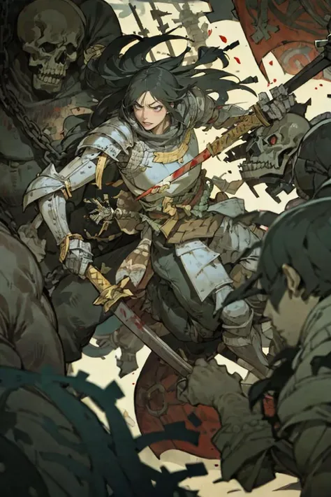 a drawing of a woman in armor surrounded by other people