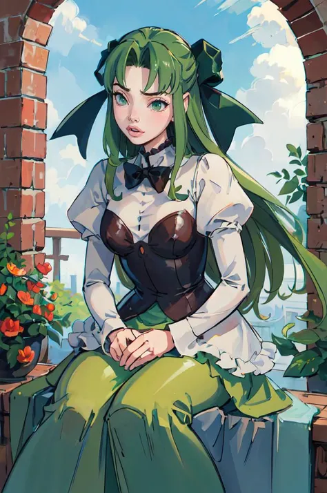 <lora:sleepygimp:1> sleepygimp,  <lora:RtPL-Fia:1> Fia_(riviera), green eyes, green dress, very long hair, long hair, bow, dress, frills, frilled dress, long sleeves, puffy sleeves,, ultra detailed, masterpiece, best quality,