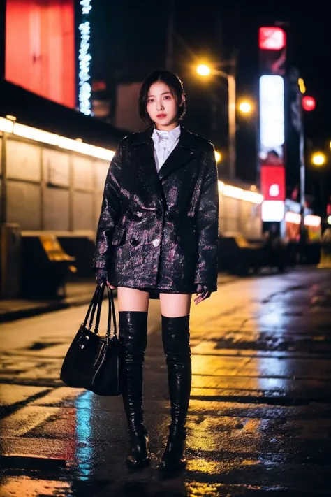 full body,(Cinematic Aesthetic:1.4),Photo of a beautiful korean fashion model,bokeh,city night,<lora:ZARACowboyBootsRealisticVer:1:lbw=FUZU>,zaracbb,