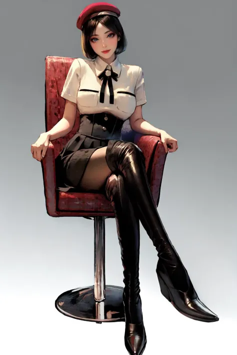 full body,1girl,solo,on chair,feet on chair,crossed legs,black footwear,breasts,short hair,bob cut,pantyhose,<lora:zaracbb:1:lbw=FUZU>,zaracbb,thigh boots,<lora:dating_attire_vol1_style6_v1:1:lbw=FUZU>,cyb skirt,cyb shirt,high-waist skirt,neck ribbon,(matu...