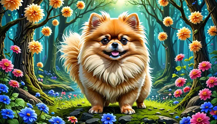 a close up of a dog standing in a forest with flowers