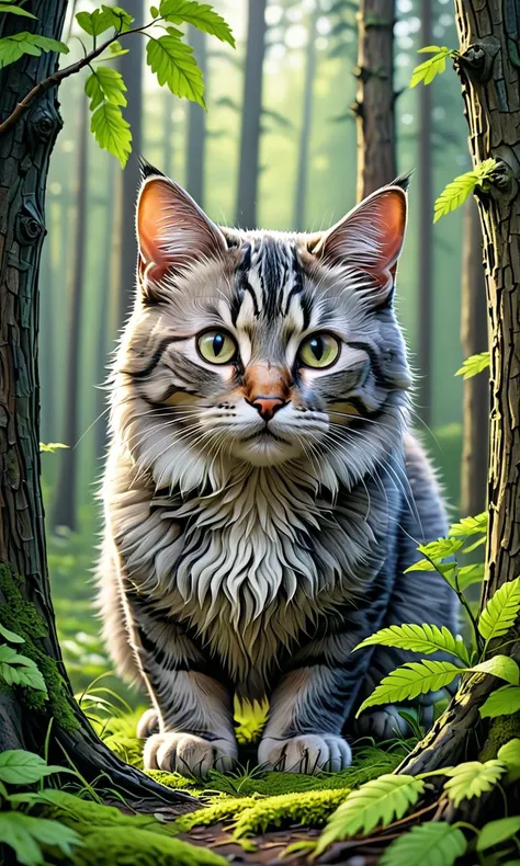 there is a cat that is sitting in the woods looking at something