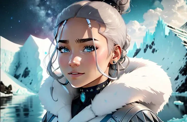 <lora:Katara:0.8> Katara  (Extreme Close-Up Shot), (arctic background), Film Grain Glimmering effect, Floodlight bounce lighting, Kimoicore Aesthetic, looking left, sorrow expression, grinning, Messy Bun hair, silver hair colour, plump body type, hand in h...