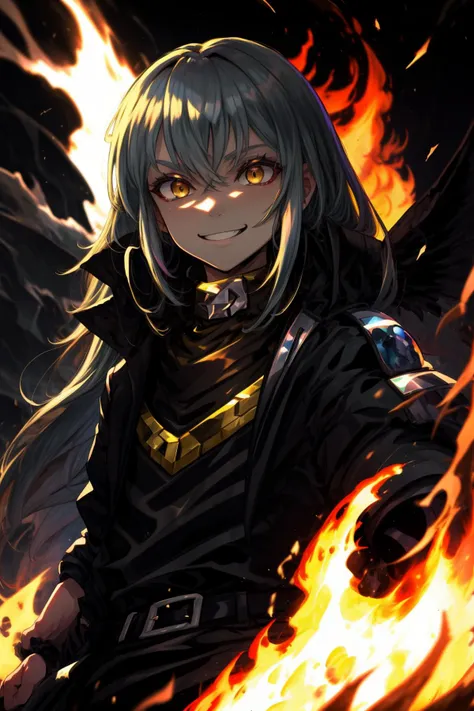 masterpiece, the best quality, highres, <lora:rimuru3-000007:1>, lrd1, smile, evil smile, eyes full of hate, facing you, an ominous dark aura, against the background of a strong fire,