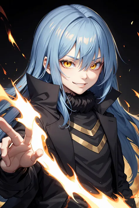 best quality, masterpiece, solo, <lora:rimuru3-000007:1>, lrd1, smile, evil smile, eyes full of hate, facing you, an ominous dark aura, against the background of a strong fire