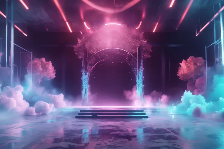 a stage with smoke and neon lights and a stage platform