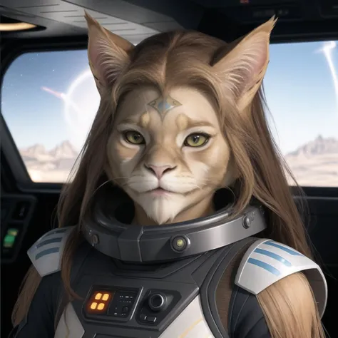 <lora:aslan:1>, a female Aslan, wearing a space pilot outfit, light colored fur with ((patches of darker on her face))