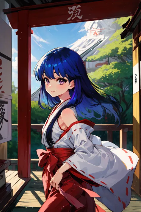 masterpiece,best quality,1girl,furude rika,long hair,blue hair,purple eyes,japanese clothes,miko,flat chest,smile,walking,outdoors,japanese shrine,from side,<lora:RikaSatoko>,