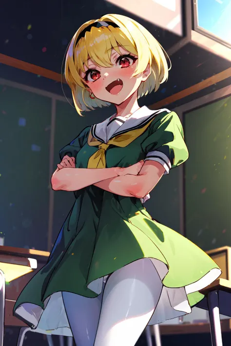 masterpiece,best quality,1girl,houjou satoko,blonde hair,short hair,hairband,red eyes,fang,green dress,white sailor collar,yellow neckerchief,short sleeves,puffy sleeves,black pantyhose,flat chest,laughing,standing,crossed arms,classroom,<lora:RikaSatoko>,