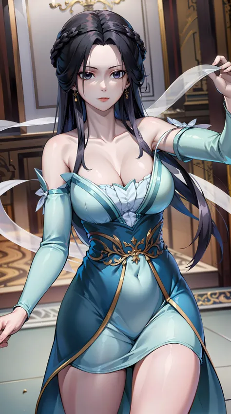 masterpiece,best quality,1girl, black hair, bare shoulders, long hair, dress,cowboy shot, dynamic pose, dynamic angle, <lora:jiangli:0.6>