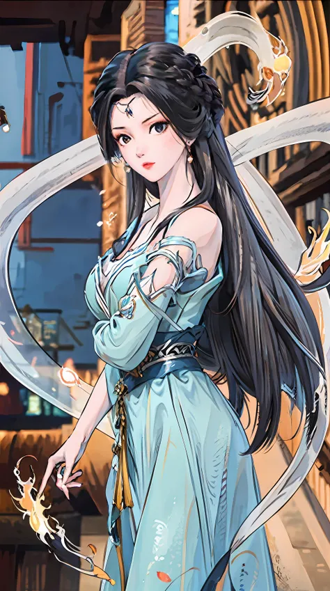 masterpiece,best quality,1girl, black hair, bare shoulders, long hair, dress,cowboy shot, dynamic pose, dynamic angle, <lora:jiangli:0.8>