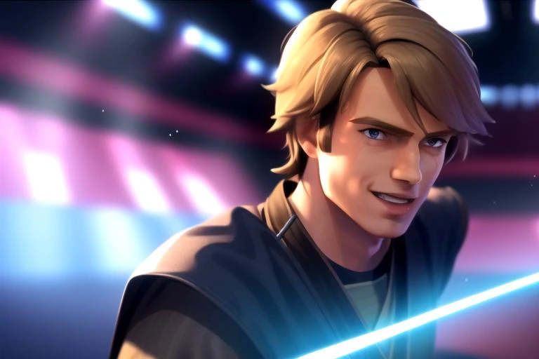 masterpiece, best quality,anakinskywalker, smiling, looking at viewer, 1boy, anime, tcw, theclonewars, performing on stage, holding microphone ,upper body <lora:anakin:0.8>