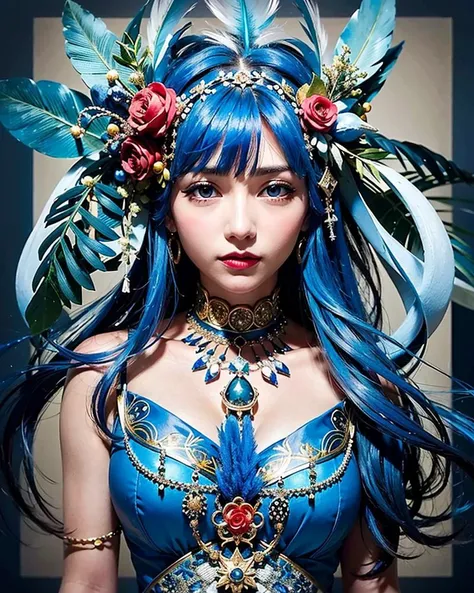 a woman with a blue dress and feathers on her head, a blue bird on her shoulder and a blue bird on her head, Ayami Kojima, highly detailed digital painting, a photorealistic painting, fantasy art, 1girl, bangs, black_hair, flower, hair_flower, hair_ornamen...