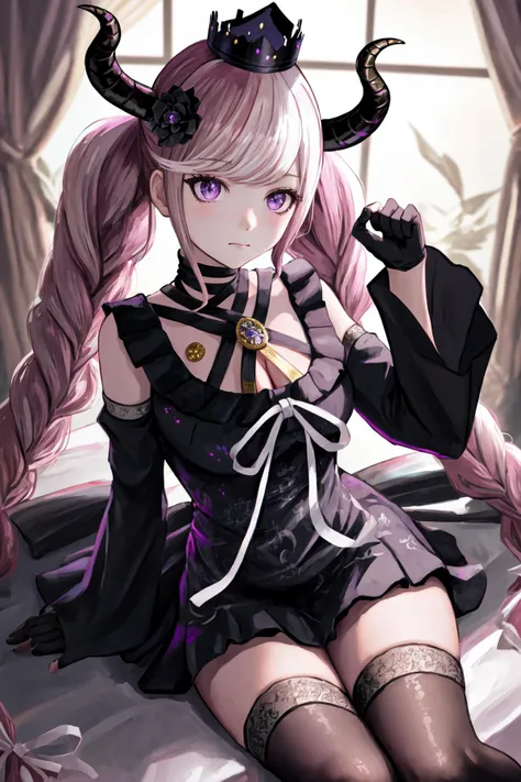 masterpiece, best quality, highres, 1girl twintails twin braids hair ornament demon horns crown, black dress detached sleeves black gloves fingerless gloves cleavage black thighhighs <lora:shinigamichan:1> sitting