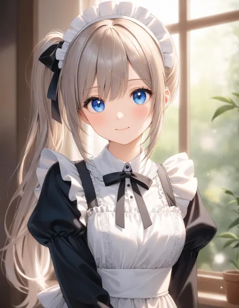 anime girl with long hair and blue eyes in a maid outfit