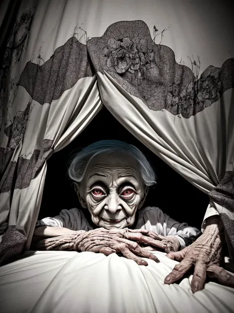 underneath the bed, a scariest old lady ever, is watching you, creepy, from the dark, very dark, black sheets, cinematic, dimmed...