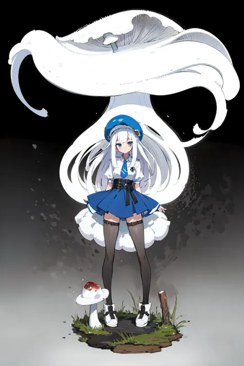 anime girl with long white hair and blue dress standing in front of a mushroom