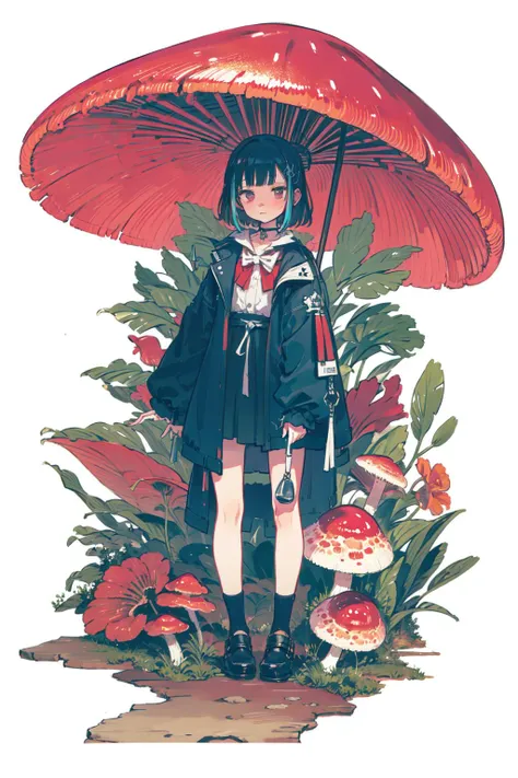 anime girl with umbrella standing in front of a mushroom and plants