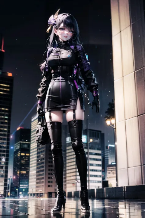 1girl, solo, looking at viewer, urbansamurai, clothing, style, techwear, (((bright purple techwear, purple techwear jacket))), raidenshogunrnd, sidelocks, single braid, braided ponytail, hair ornament, very long hair, thigh boots, high heel boots,
city, ci...