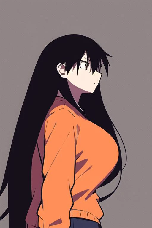 1girl, upper body, sakaki, black hair, long hair, big breasts, expressionless, looking to the side, orange sweater, white background, simple background, <lora:SakakiLoRA:0.8>