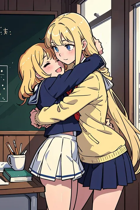 (masterpiece, best quality), 2girls, hug, blonde, school uniform, size difference,