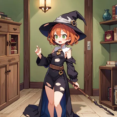 masterpiece, best quality, 1girl, detailed face, detailed eyes, witch hat,  troubled face, big round eyes, big smile,  small breasts, open mouth, sitting on the floor, ((torn clothes)), looking around nervous, simple clothing, witch, orange hair, curly hai...