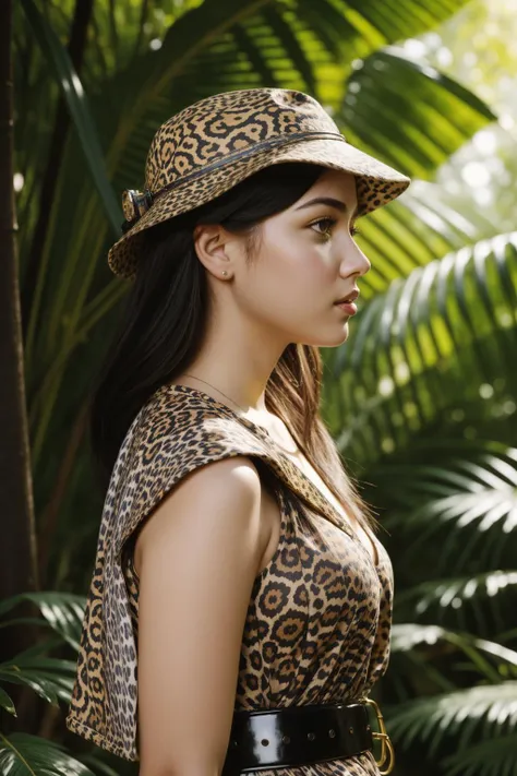 a woman in a leopard print dress and hat standing in front of a palm tree