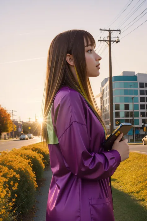 araffe woman in purple coat standing on sidewalk with cell phone