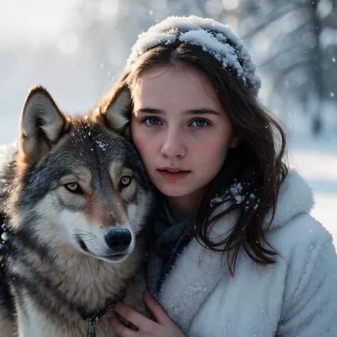 arafed woman in a white coat holding a wolf in the snow