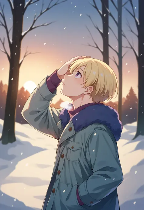 score_9, score_8_up, score_7_up, source_anime, snow,snowing,
BREAK
outdoors,forest, sunset, sunrays, blurry background, 
BREAK
NSFinlandHetalia, blonde hair, purple eyes, hand on head, looking up, hand in pocket, breath, from side, winter clothes, 
 <lora:...